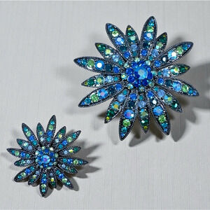 Vintage Joan Rivers Brooch Scatter Pins Swarovski Crystal Signed Blues & greens